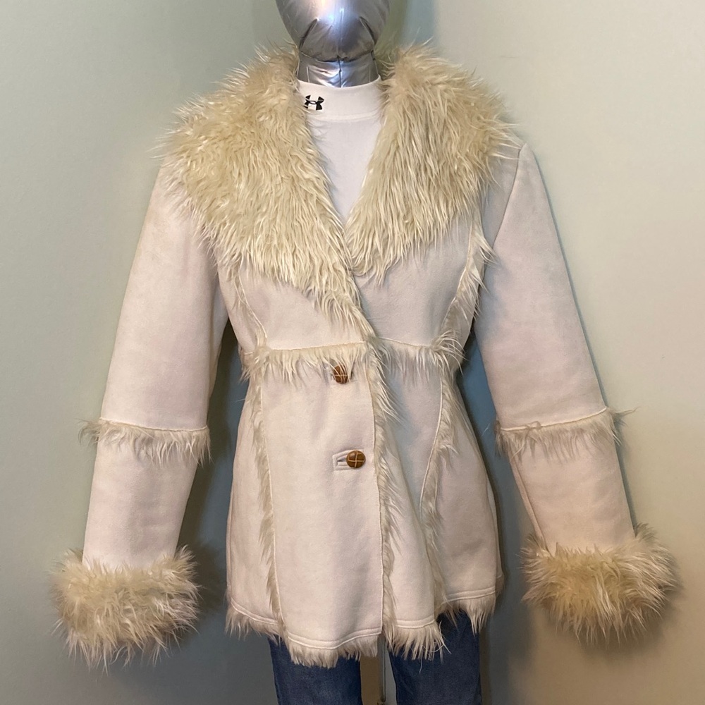 Outer Edge Cream Faux Shearling Coat with Fur Trim